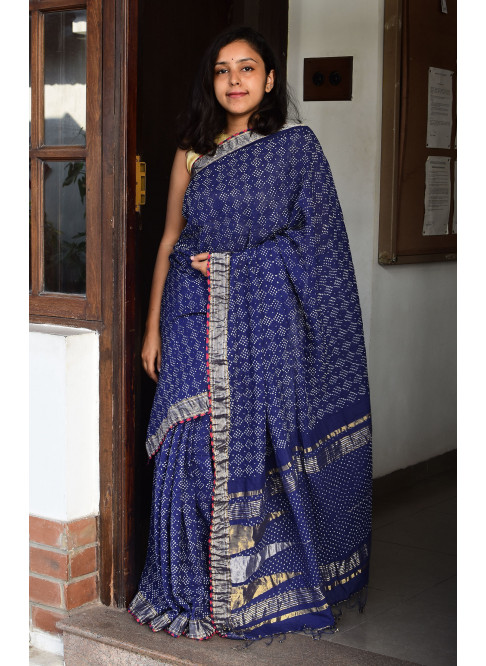 Blue, Handwoven Organic Cotton, Textured Weave , Tie & dye, Occasion Wear, Jari, Rai Bandhani Saree